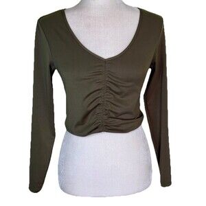 Women's Green Y2K Ruched V Neck Long Sleeve Stretch Crop Top Club/Going Out M?